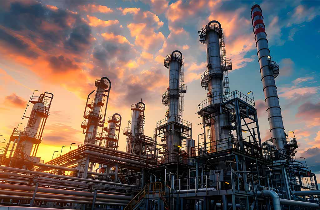 Instalaciones de refinería industrial al atardecer, representando un caso de éxito en optimización y transformación de procesos