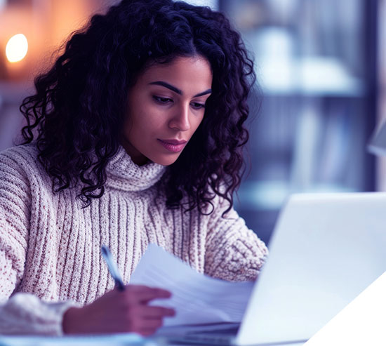 Mujer profesional concentrada trabajando con documentos y una computadora portátil en una oficina.